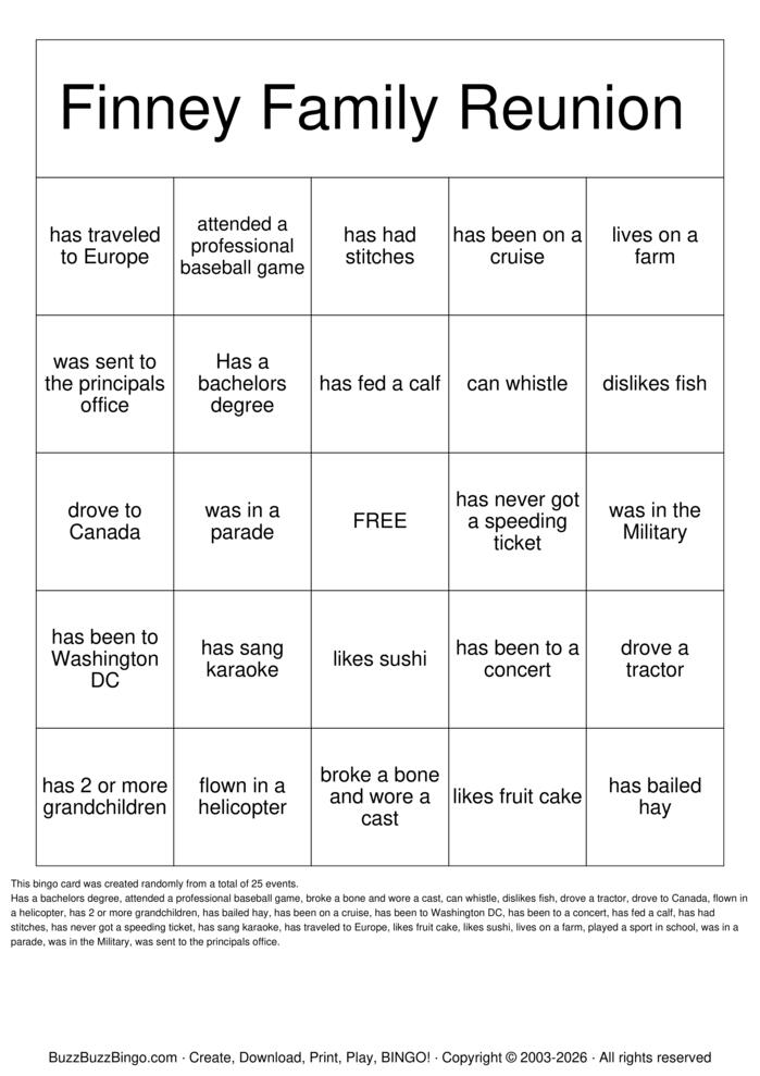 Download Free Finney Family Reunion Bingo Cards Download Free Finney Family Reunion Bingo Cards
