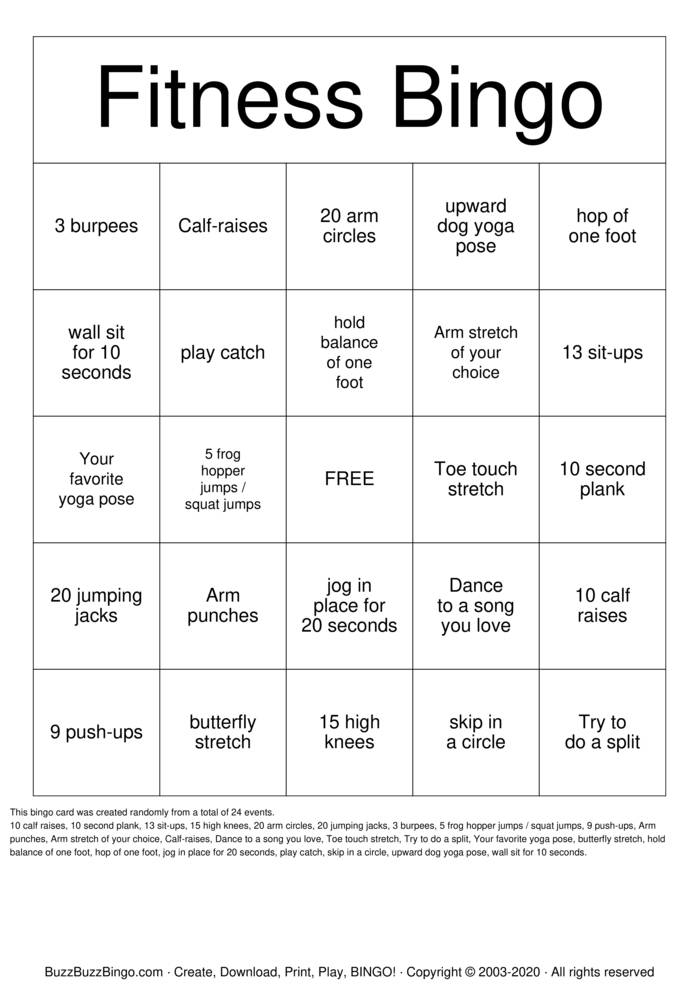 Fitness Bingo Bingo Cards To Download Print And Customize 
