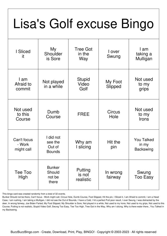 Download Free Golf Bingo Cards Download Free Golf Bingo Cards