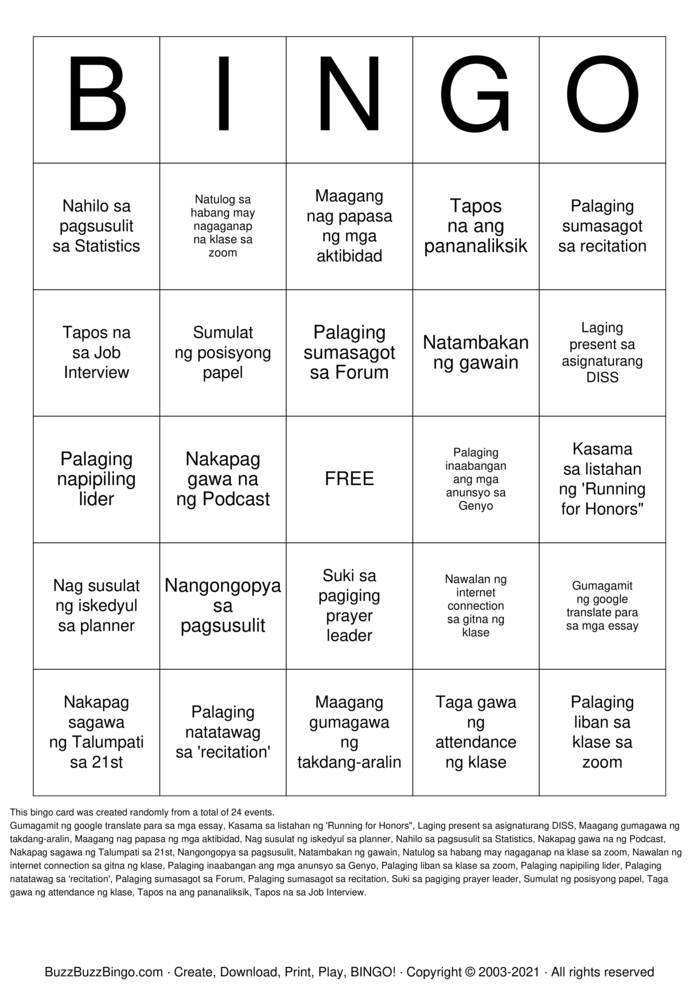 Download Free HUMSS BINGO Bingo Cards