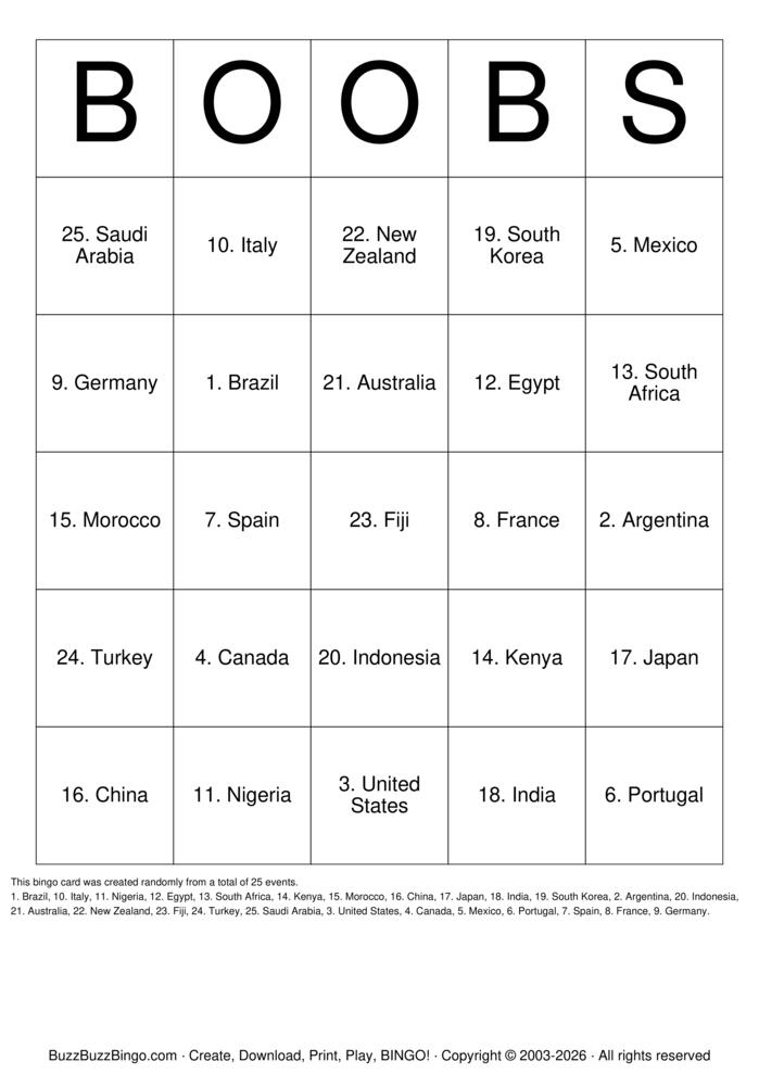 Download Free International Boobs Bingo Cards
