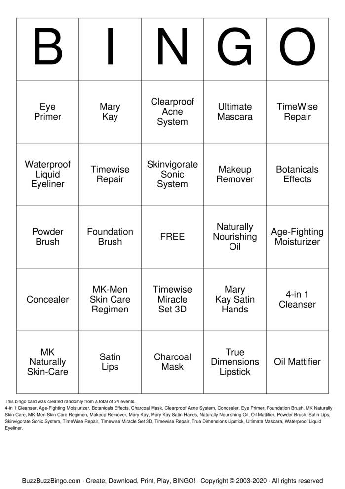 Download Free Mary Kay Bingo Bingo Cards