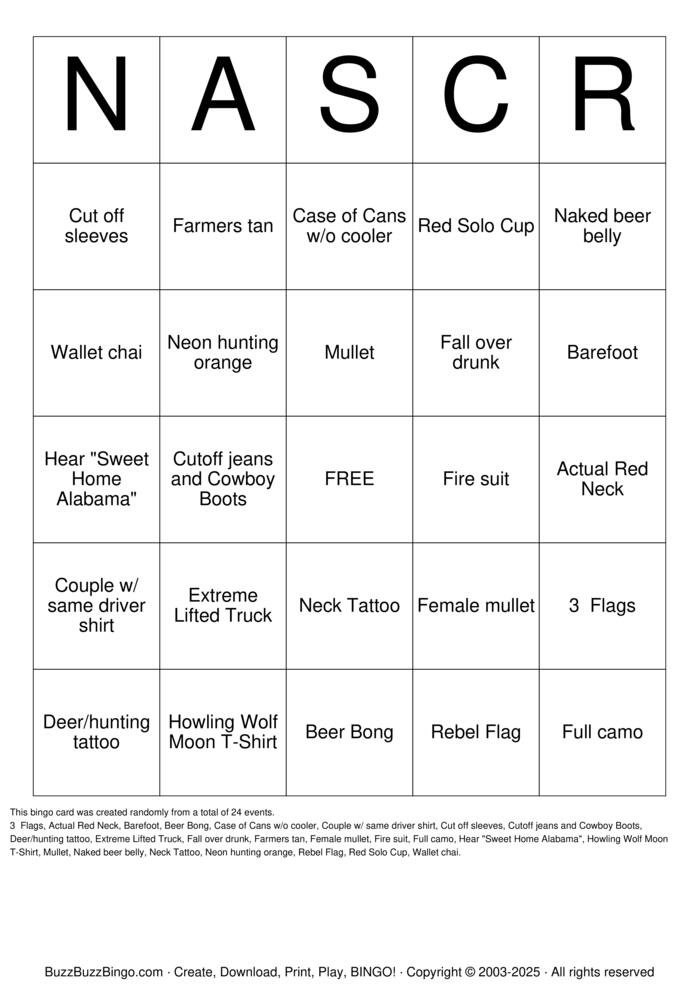 Download Free NASCAR Redneck Bingo Bingo Cards Download Free NASCAR Redneck Bingo Bingo Cards