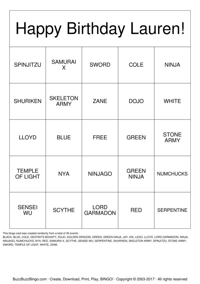 NINJA Bingo Cards to Download, Print and Customize!