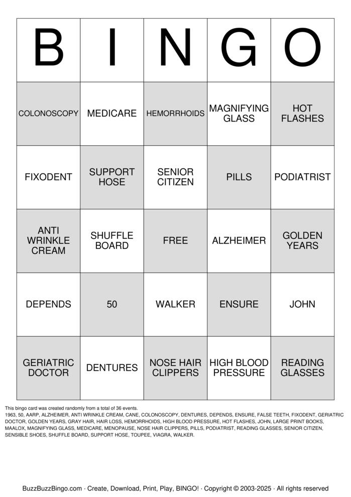 Download Free OVER THE HILL Bingo Cards