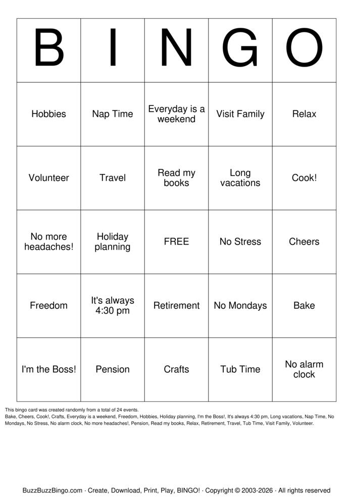 Download Free Retirement Bingo Cards