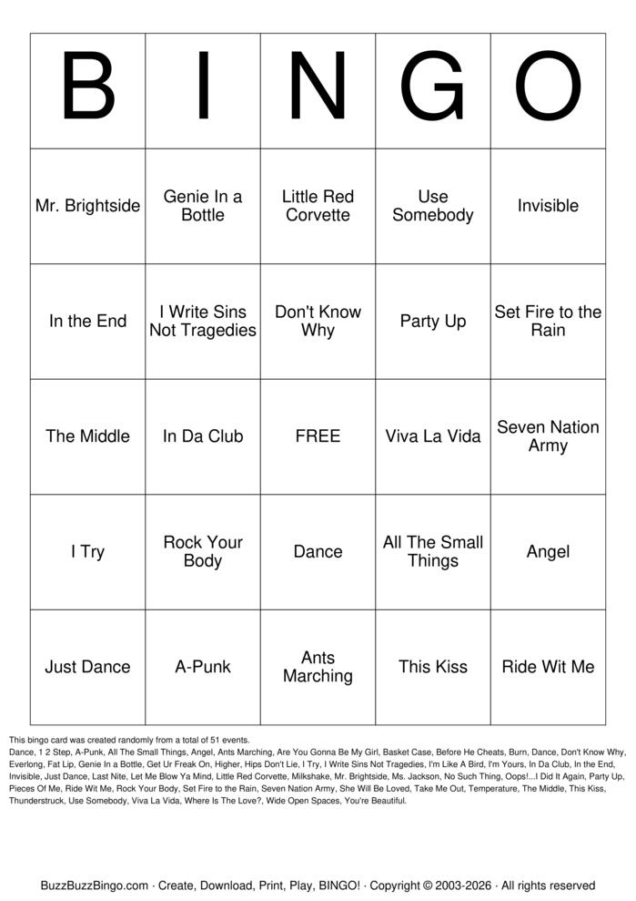 Download Free SNL Musical Guests Song Titles Bingo Cards