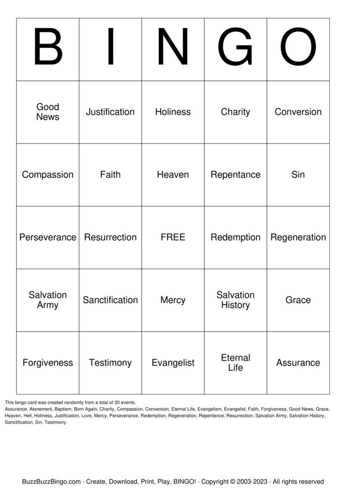 Download Free Salvation Religious Bingo Cards