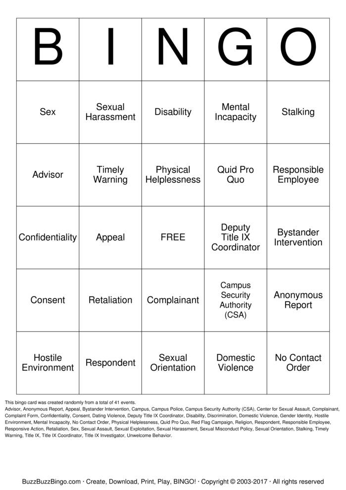 Download Free Sexual harrassment  Bingo Cards