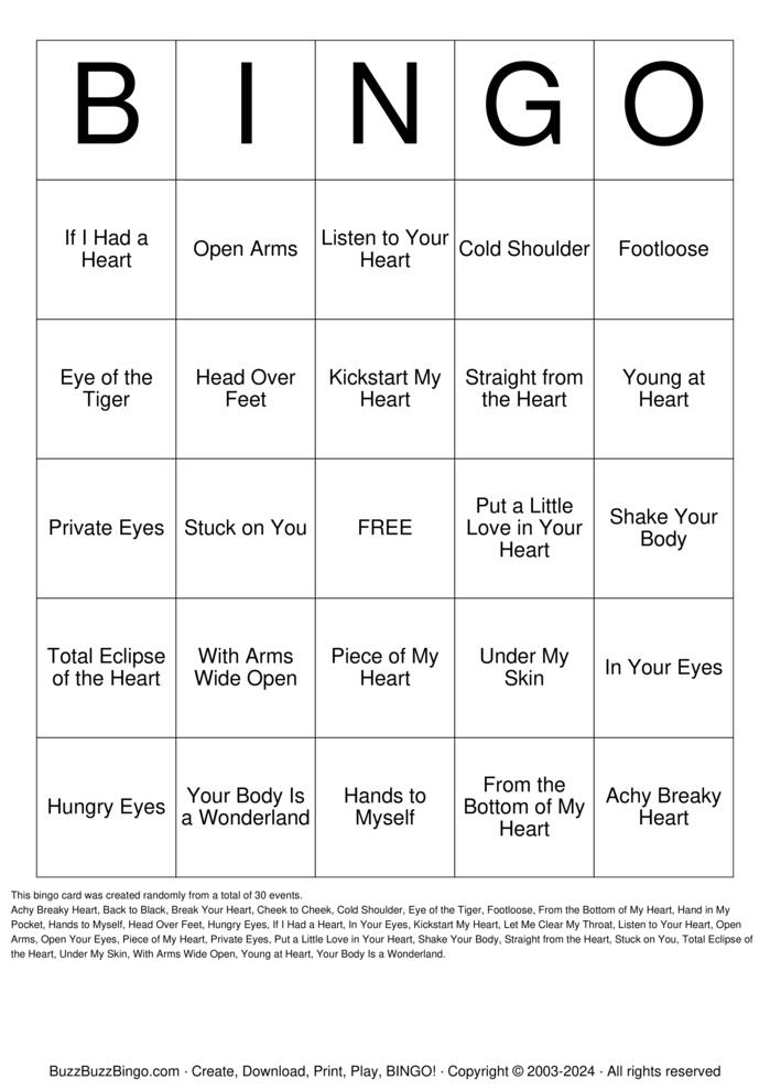 Download Free Songs with Body Parts in the Title Bingo Cards