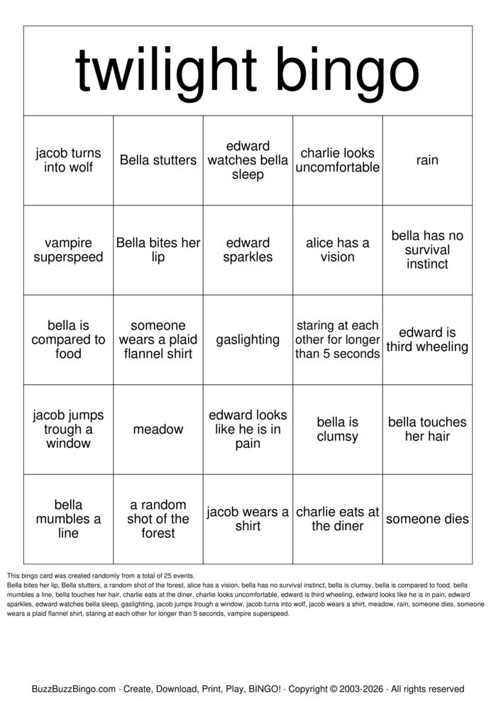 Download Free TWILIGHT BINGO Bingo Cards Download Free TWILIGHT BINGO Bingo Cards
