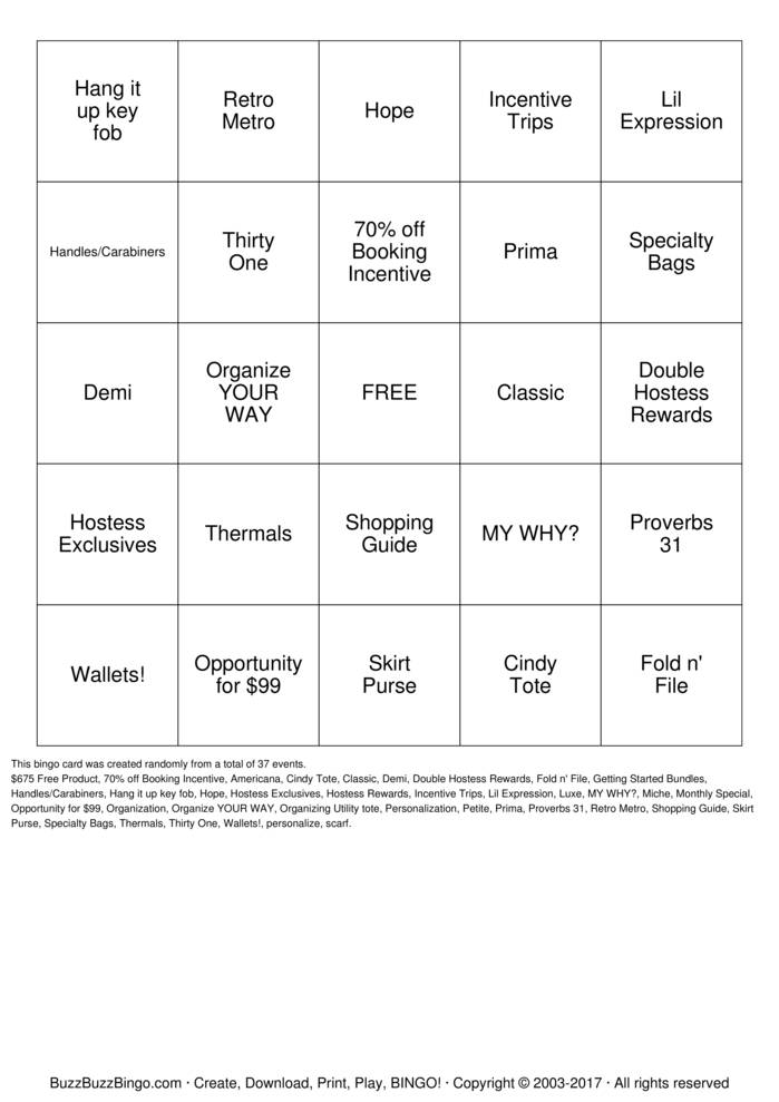 Download Free Thirty One Gifts Bingo Cards