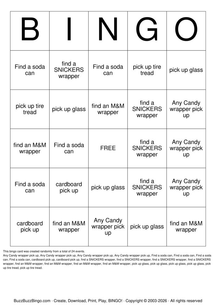 Download Free Trash Pick Up BINGO Bingo Cards
