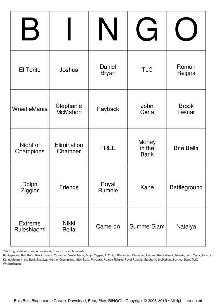 Download Free WWE Bingo Cards