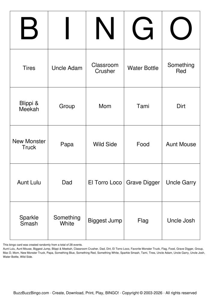 Download Free 2026 Monster Jam Pictures Bingo Cards