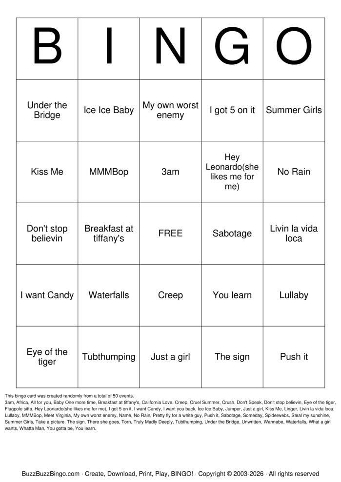 Download Free 90s Hit Songs 1 Bingo Cards Download Free 90s Hit Songs 1 Bingo Cards