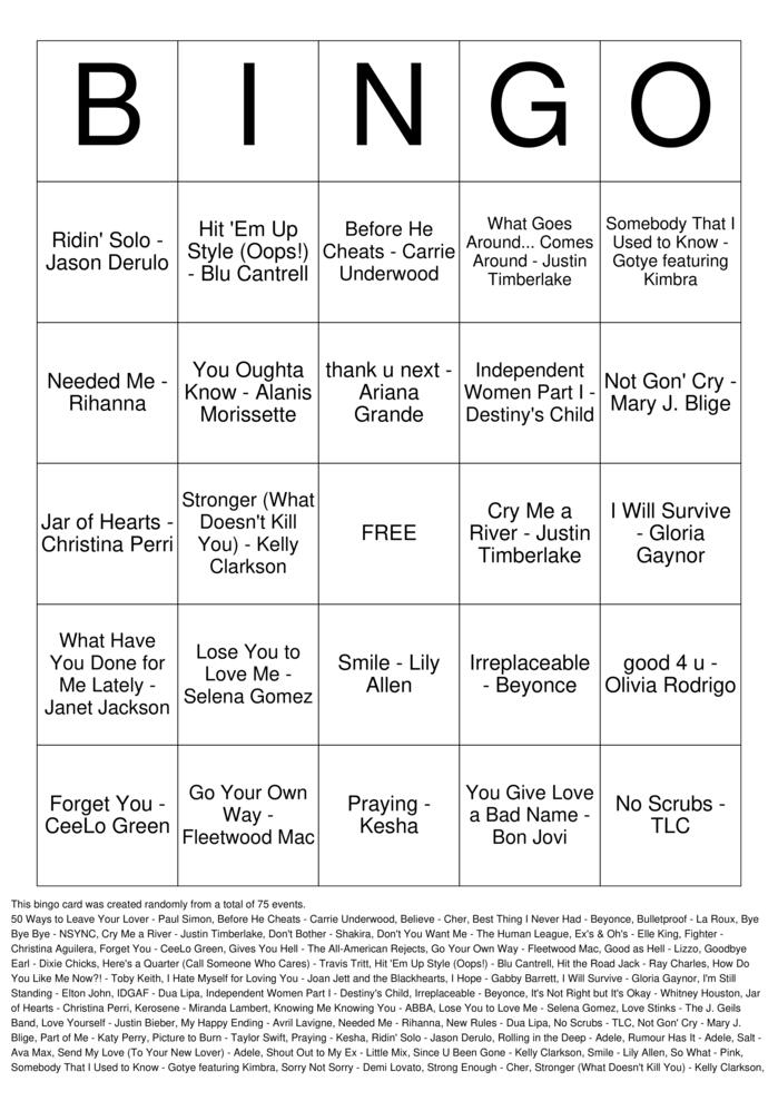 Download Free Breakup Anthems Bingo Cards