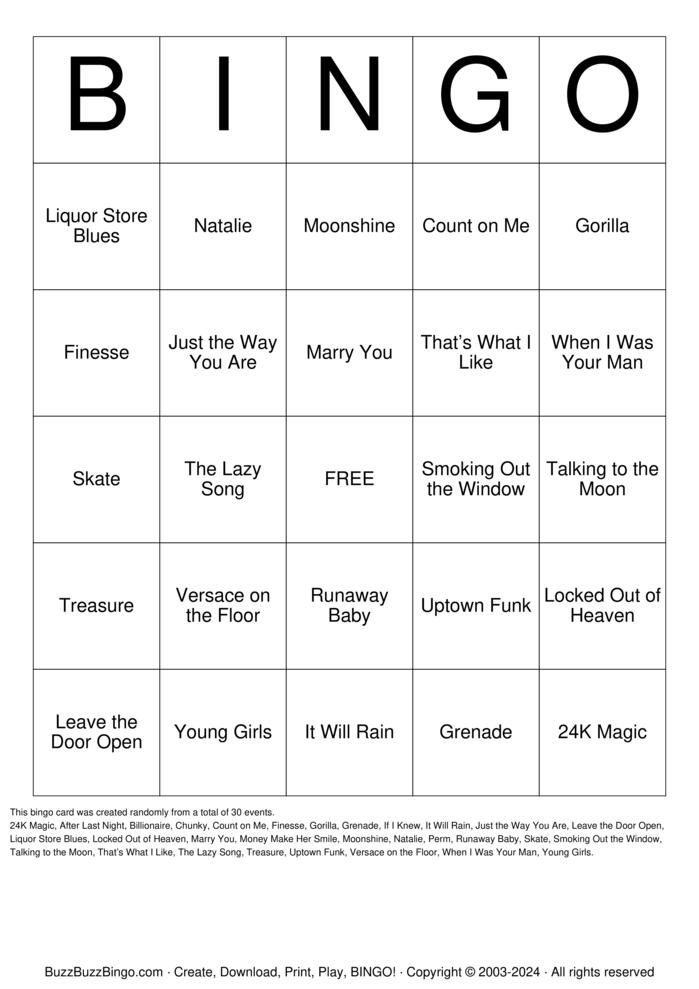 Download Free Bruno Mars Songs Bingo Cards