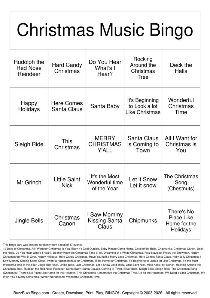 Download Free Christmas Songs Bingo Cards