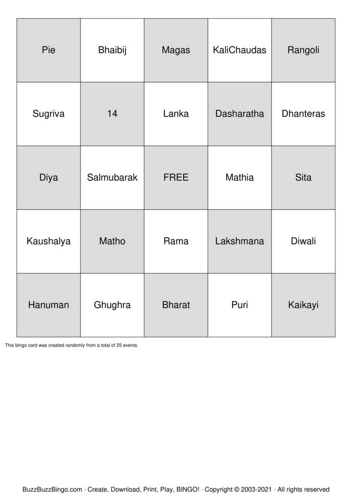 Download Free Diwali Bingo Bingo Cards