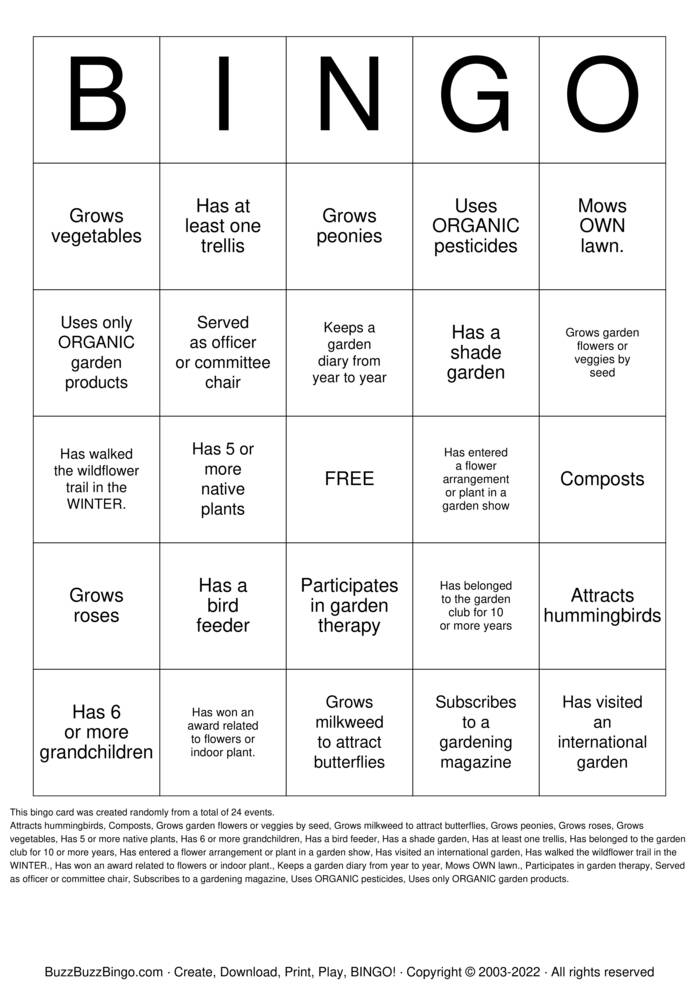 Garden Club Bingo Bingo Cards to Download, Print and Customize!