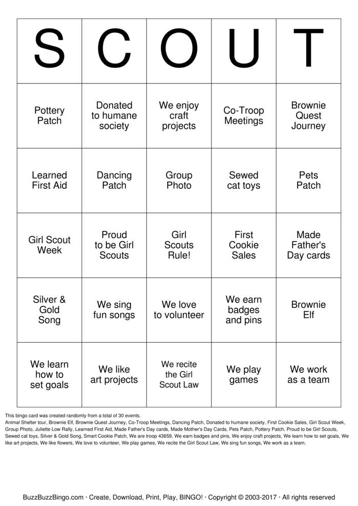 Download Free Girl Scout Bingo Cards