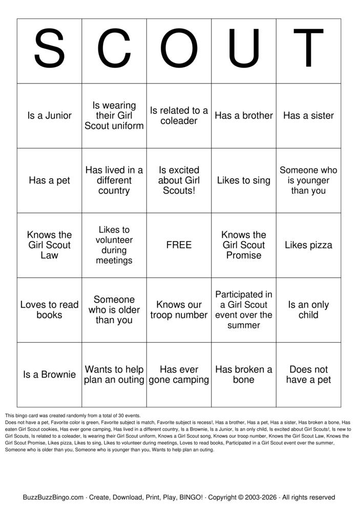 Download Free Girl Scouts Bingo Cards Download Free Girl Scouts Bingo Cards