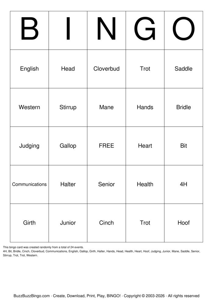 Download Free HORSE Bingo Cards Download Free HORSE Bingo Cards