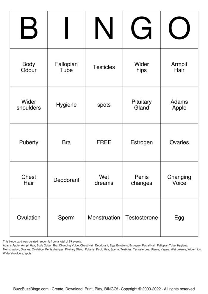 It's Puberty ! Bingo Cards to Download, Print and Customize!