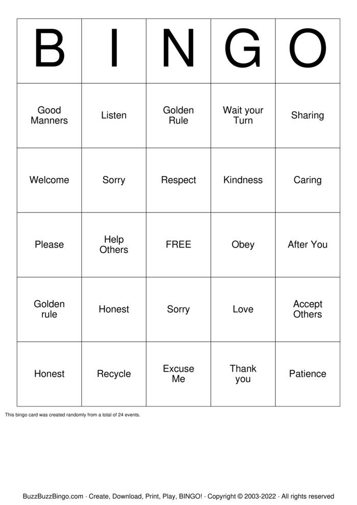 Download Free Manners Bingo Cards