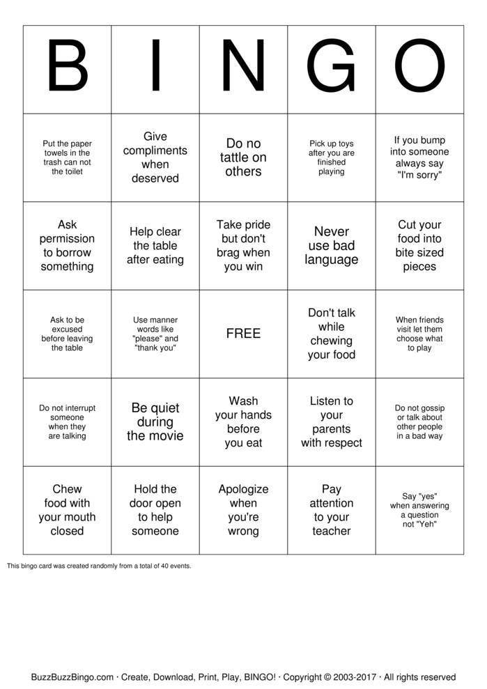 Manners Bingo Cards to Download, Print and Customize!