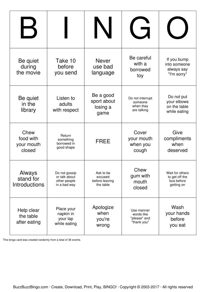 Manners Bingo Cards to Download, Print and Customize!