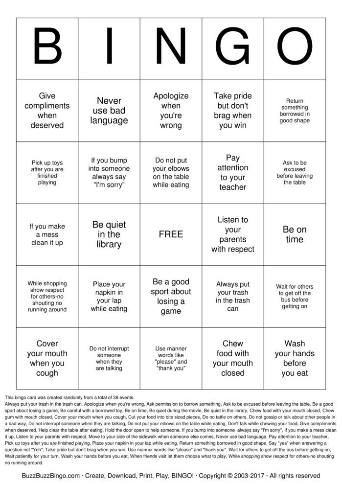Manners Bingo Cards to Download, Print and Customize!