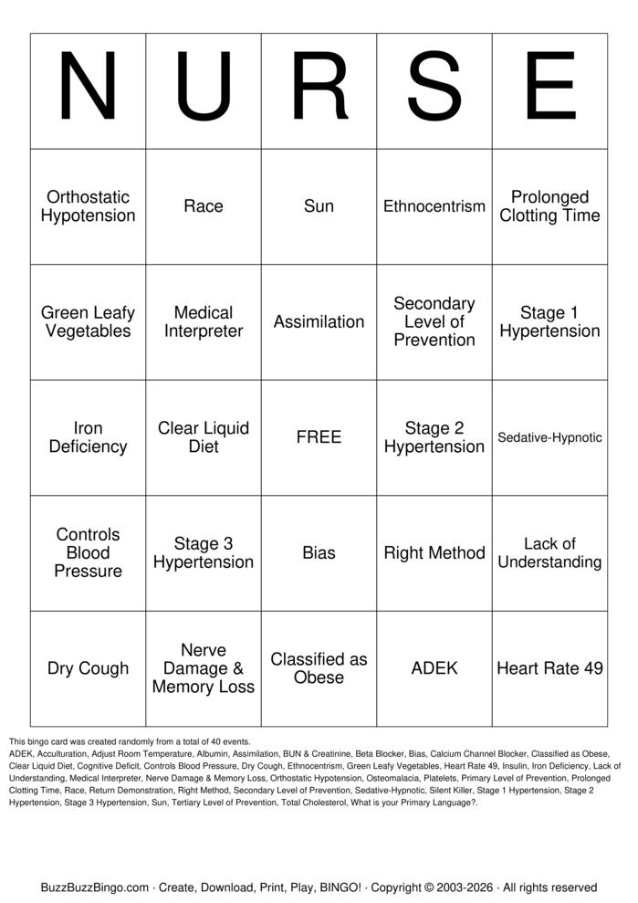 Download Free Nurse Bingo Cards Download Free Nurse Bingo Cards