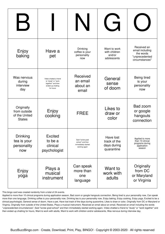 Download Free Quarantine Graduate Student Bingo Bingo Cards