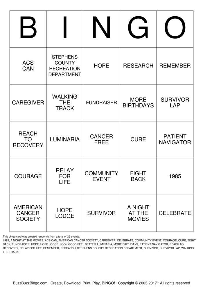 Download Free RELAY FOR LIFE Bingo Cards