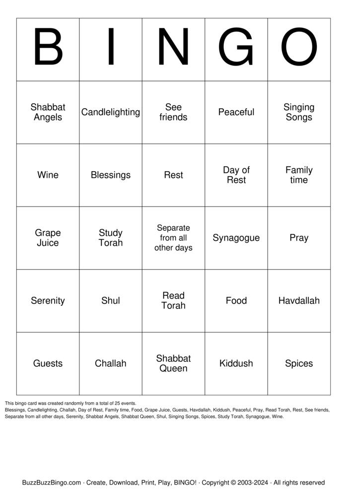 SHABBAT BINGO Bingo Cards to Download, Print and Customize!