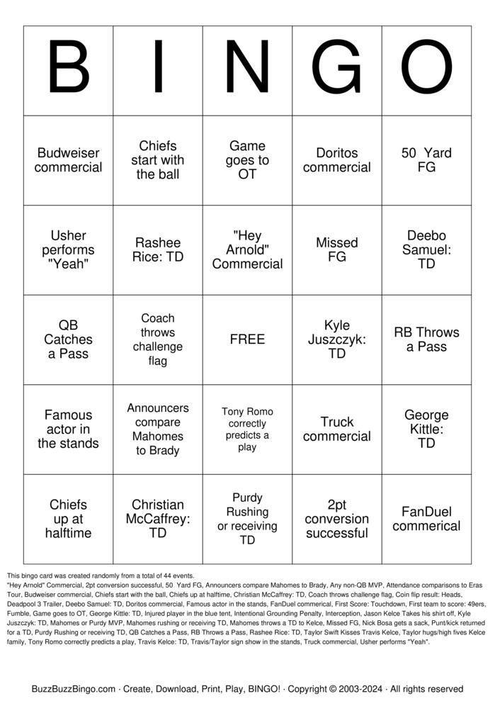 Download Free Super Bowl 2024 Bingo Bingo Cards