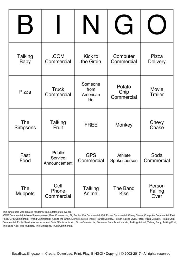 Superbowl Commercials Bingo Cards to Download, Print and Customize!