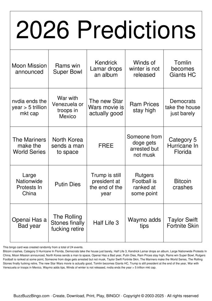 Download Free 2026 predictions Bingo Cards