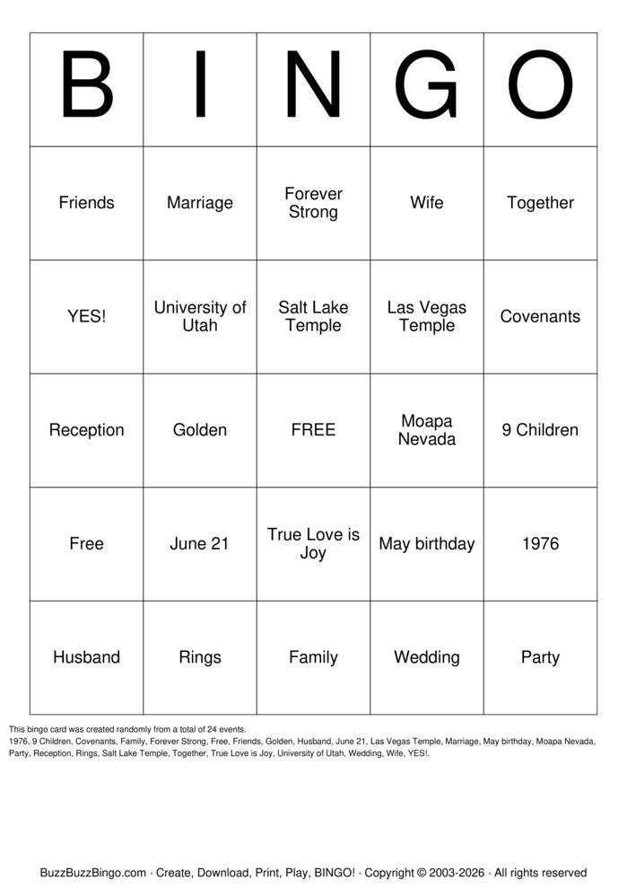 Download Free 50th wedding anniversary bingo Bingo Cards