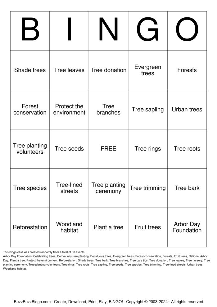 Download Free Arbor Day Bingo Cards
