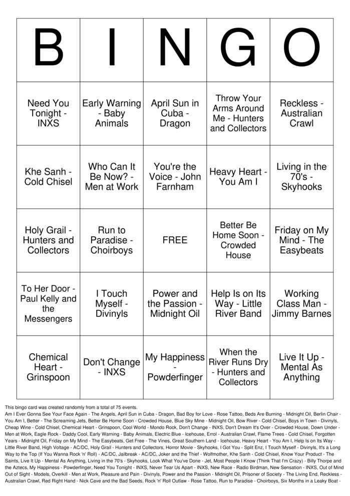 Download Free Aussie Rock Classics Bingo Cards