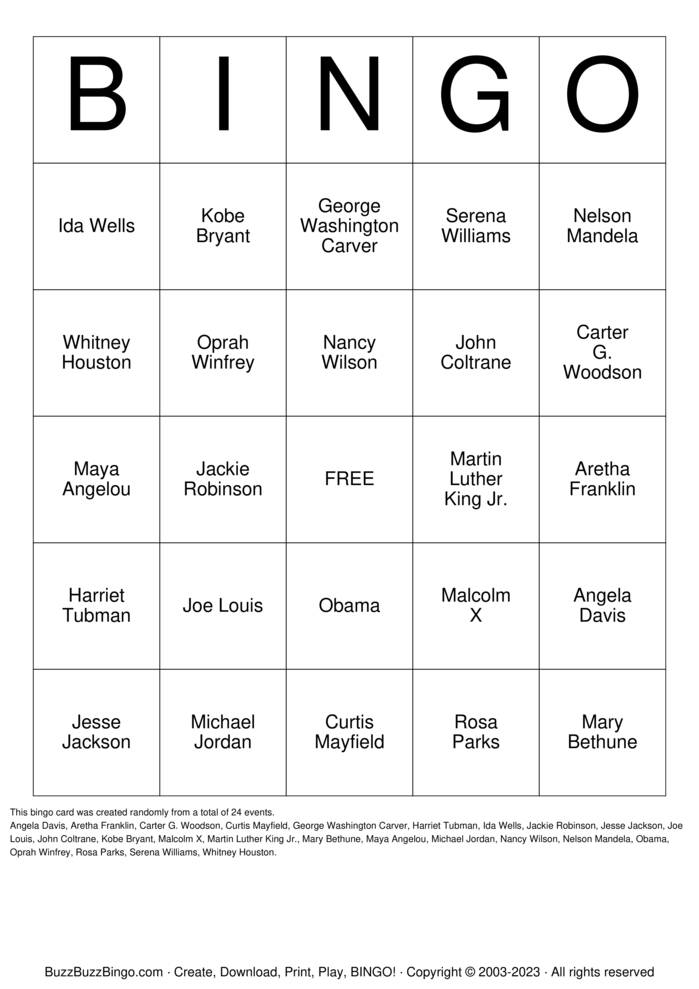 Black history month Bingo Cards to Download, Print and Customize!
