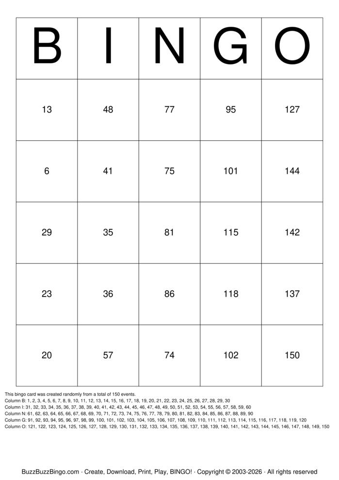 Download Free Classic Numbers 0-150 Bingo Cards