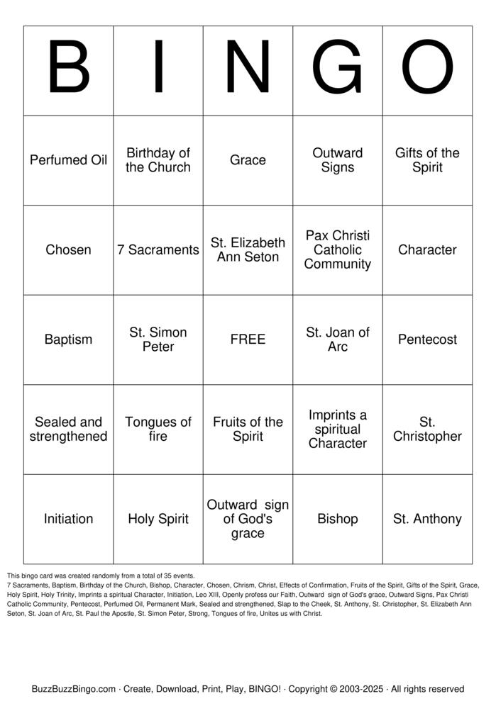 Download Free Confirmation Bingo Cards Download Free Confirmation Bingo Cards