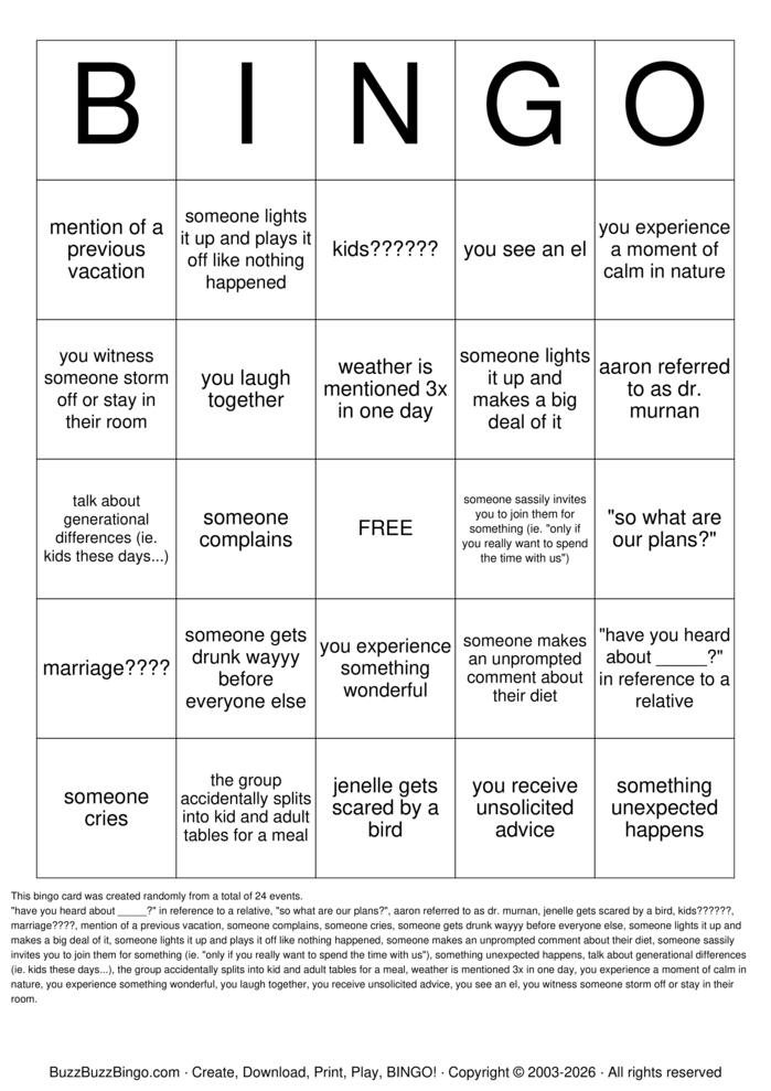 Download Free Family Vacation  Bingo Cards