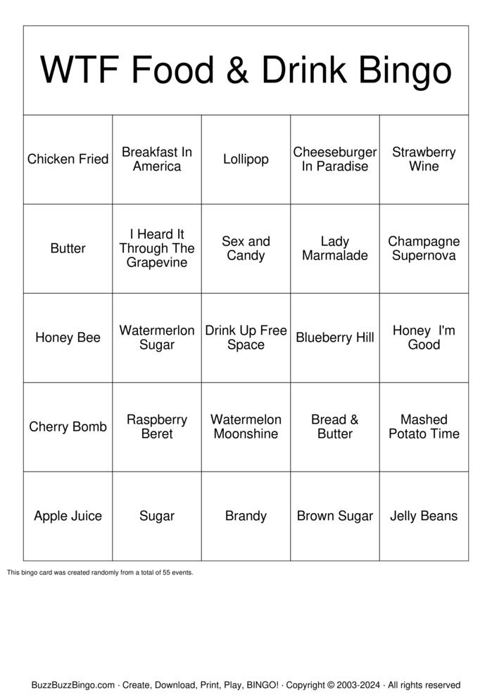 Download Free Food & Drink Bingo Bingo Cards