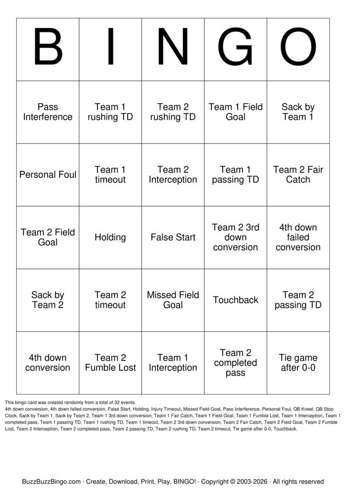 Download Free Football Bingo Cards Download Free Football Bingo Cards