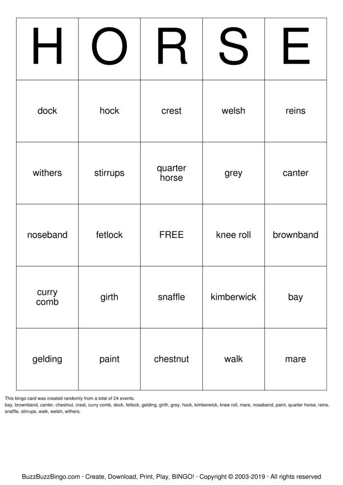 Download Free HORSE Bingo Cards Download Free HORSE Bingo Cards